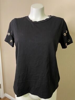 Michael Kors Black Short Sleeve Tee with Gold Grommet Details M